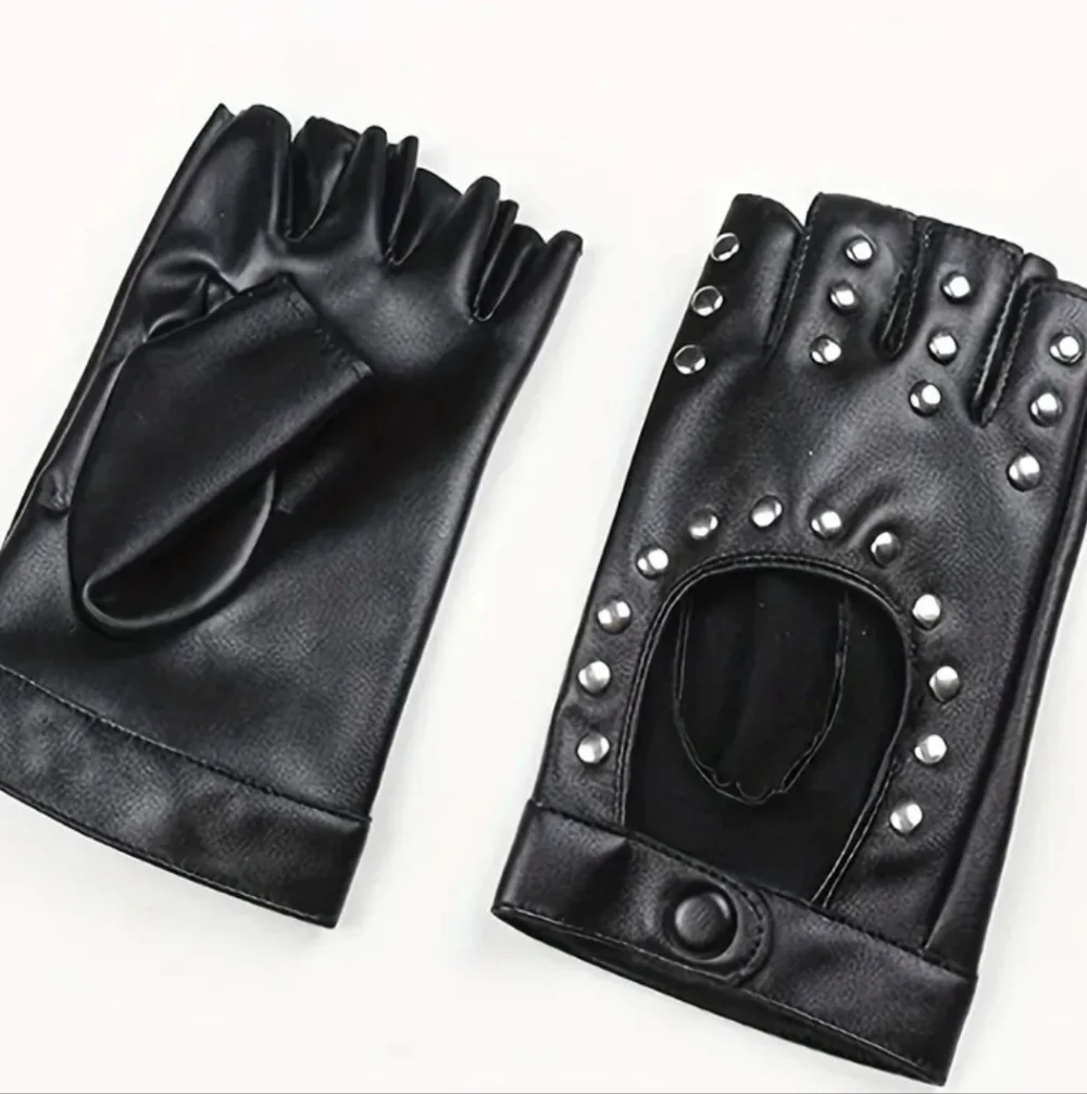 Black Faux Leather Studded Fingerless Gloves W/Snap Button Wrist Closure (OS)
